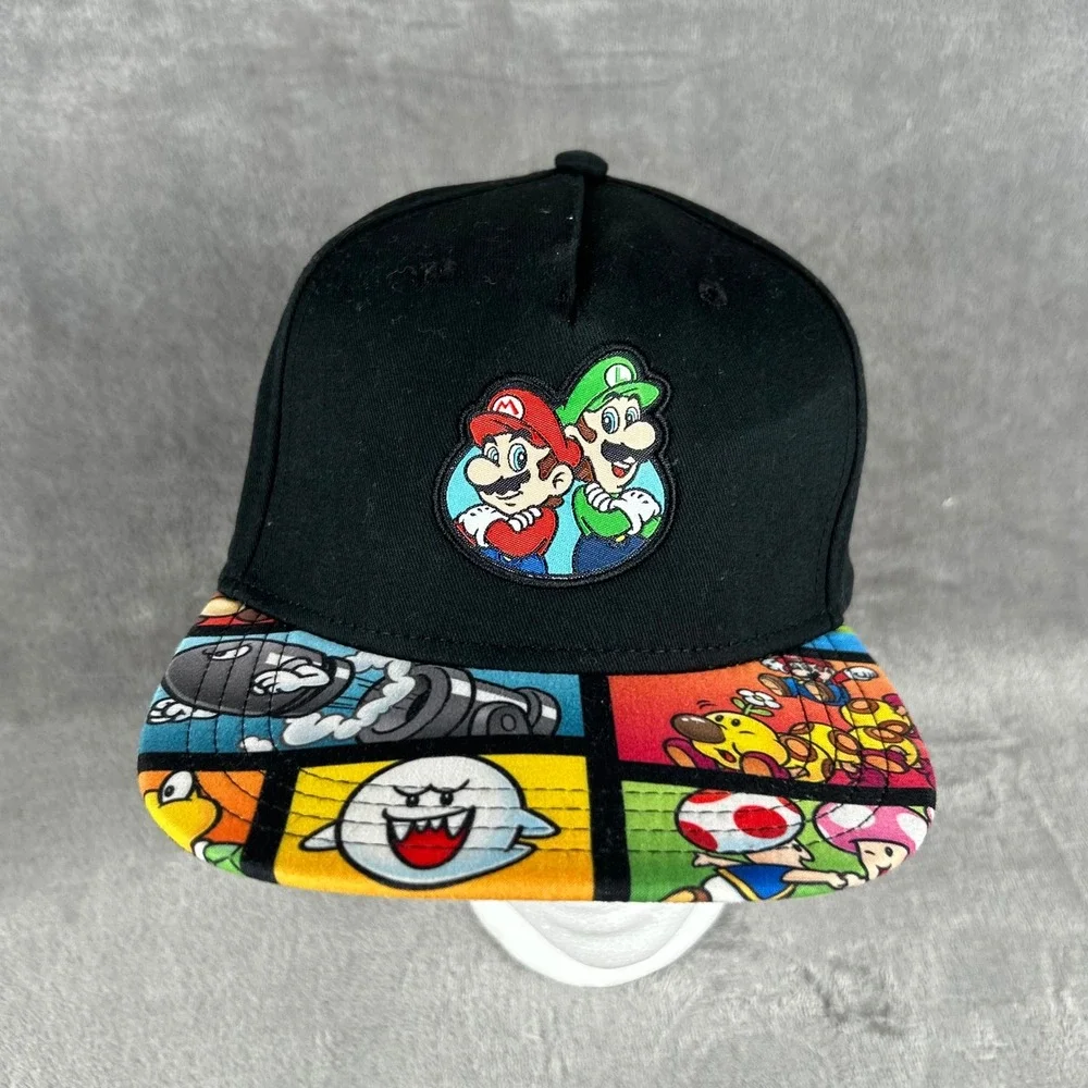 Nintendo Super Mario Luigi Snapback Hat Black Comic Print Brim SB8HT7SMB Mens OS